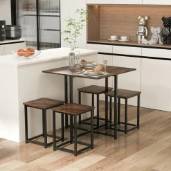 Tangkula Compact 5-Piece Dining Table Set for 4, Small Kitchen Table Set with Square Stools and Metal Frame