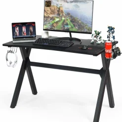 Tangkula Computer Desk Gaming Desk, Ergonomic E-Sports Desk with Cup & Headphone Holder and Mouse Pad