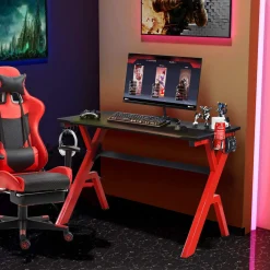 Tangkula Computer Desk Gaming Desk, Ergonomic Gamer Workstation with Cup & Headphone Holder Mouse Pad
