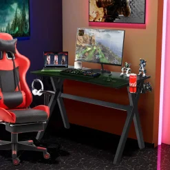 Tangkula Computer Desk Gaming Desk, Ergonomic E-Sports Desk with Cup & Headphone Holder and Mouse Pad