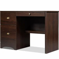 Tangkula Computer Desk with Drawers, Wood Frame Home Office Desk with Storage Shelf