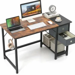 Tangkula Computer Desk with 2 Drawers, Modern Home Office Desk with Hanging Hook & Storage Shelf