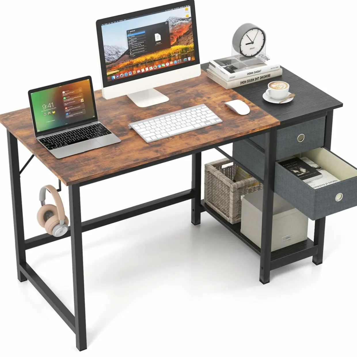 Tangkula Computer Desk with 2 Drawers, Modern Home Office Desk with Hanging Hook & Storage Shelf