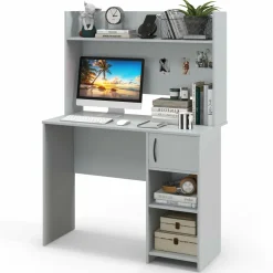 Tangkula Computer Desk with Hutch, Home Office Desk with Raised Display Shelf & 2 Open Shelves (Gray)