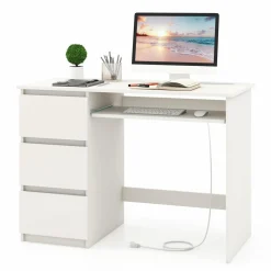 Tangkula Computer Desk with 3 Storage Drawers & Built-in Charging Station, Home Office Desk with Keyboard Tray