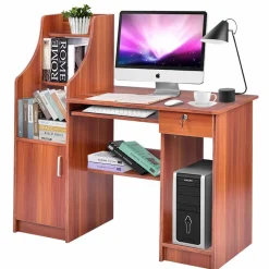Tangkula Computer Desk with Storage Cabinet & Drawer, Wood Frame Home Office Desk with Pull-Out Keyboard Tray