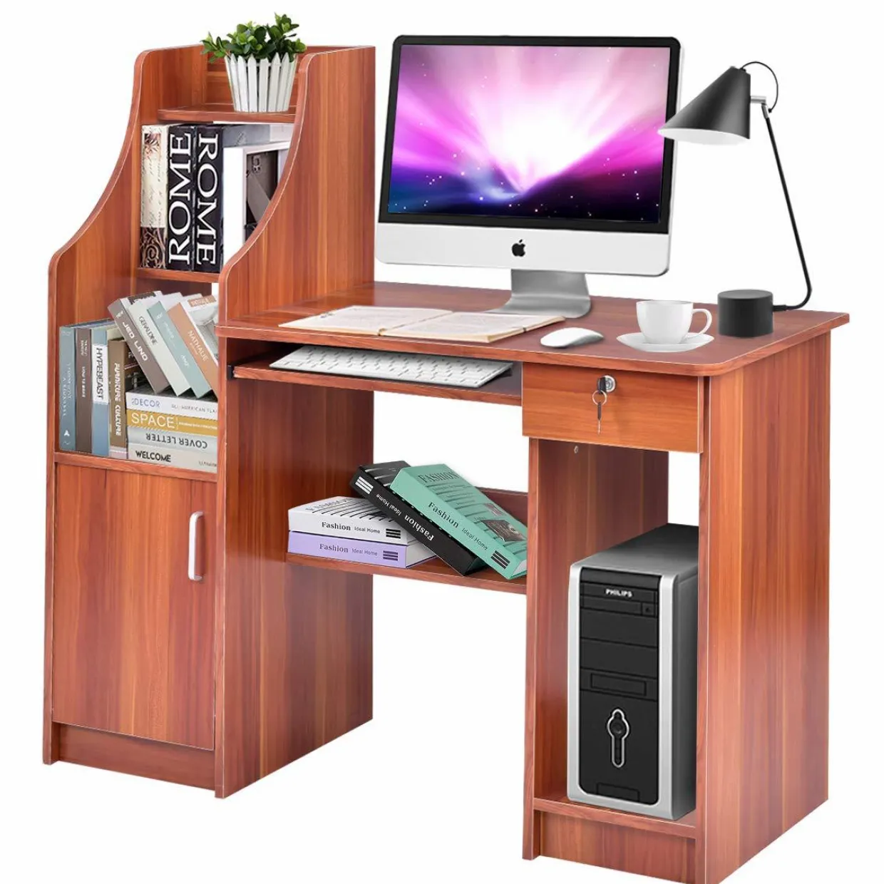 Tangkula Computer Desk with Storage Cabinet & Drawer, Wood Frame Home Office Desk with Pull-Out Keyboard Tray