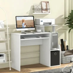 Tangkula Computer Desk with Fabric Drawer & Keyboard Tray, Space-Saving Study Writing Desk with Open Storage Shelves & Printer Stand