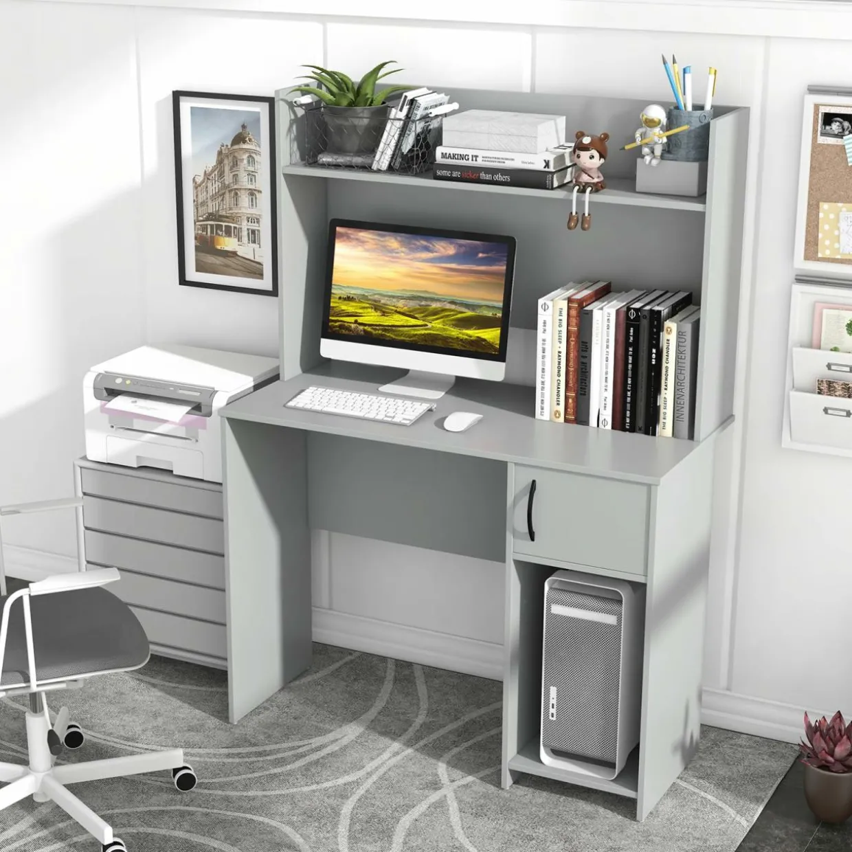 Tangkula Computer Desk with Hutch, Home Office Desk with Raised Display Shelf & 2 Open Shelves (Gray)