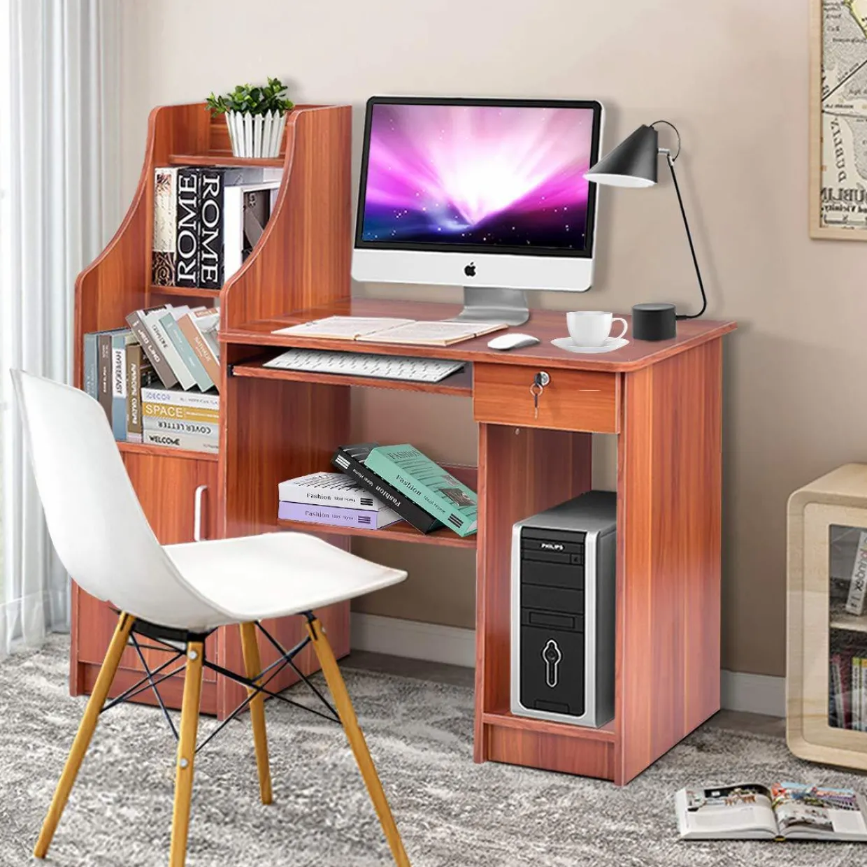 Tangkula Computer Desk with Storage Cabinet & Drawer, Wood Frame Home Office Desk with Pull-Out Keyboard Tray