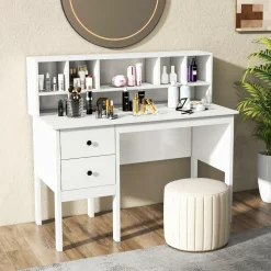 Tangkula Computer Desk with Drawers & Hutch, Modern Home Office Desk Writing Study Desk with Charging Station