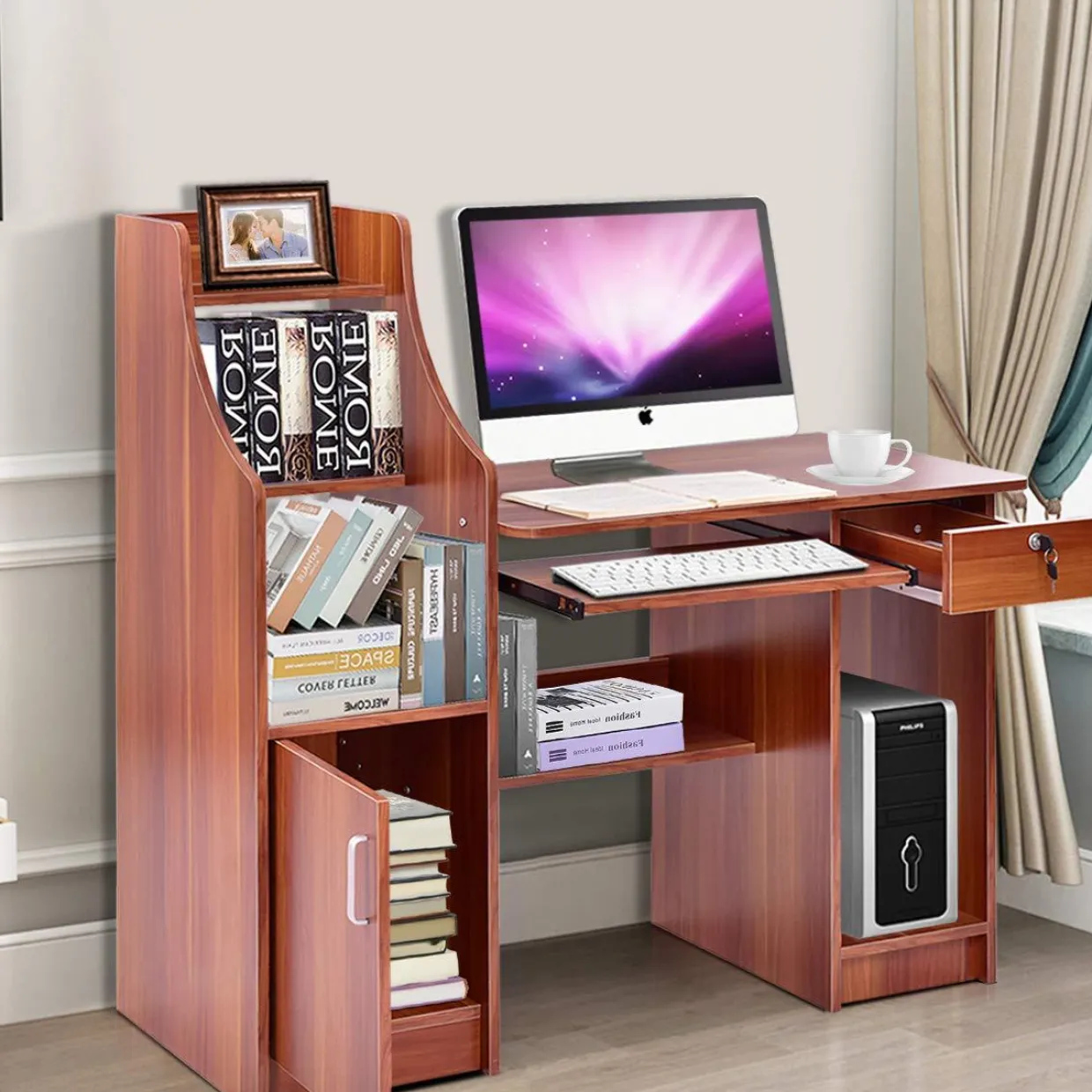 Tangkula Computer Desk with Storage Cabinet & Drawer, Wood Frame Home Office Desk with Pull-Out Keyboard Tray