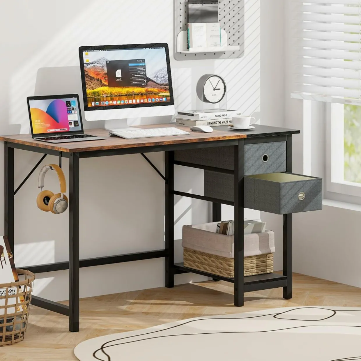 Tangkula Computer Desk with 2 Drawers, Modern Home Office Desk with Hanging Hook & Storage Shelf