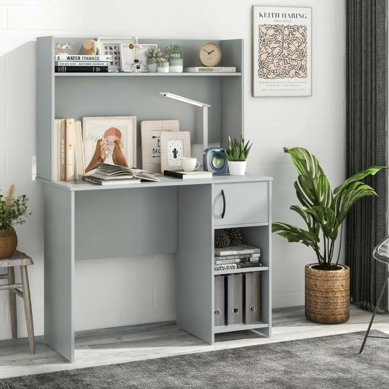 Tangkula Computer Desk with Hutch, Home Office Desk with Raised Display Shelf & 2 Open Shelves (Gray)