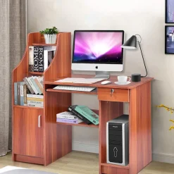 Tangkula Computer Desk with Storage Cabinet & Drawer, Wood Frame Home Office Desk with Pull-Out Keyboard Tray