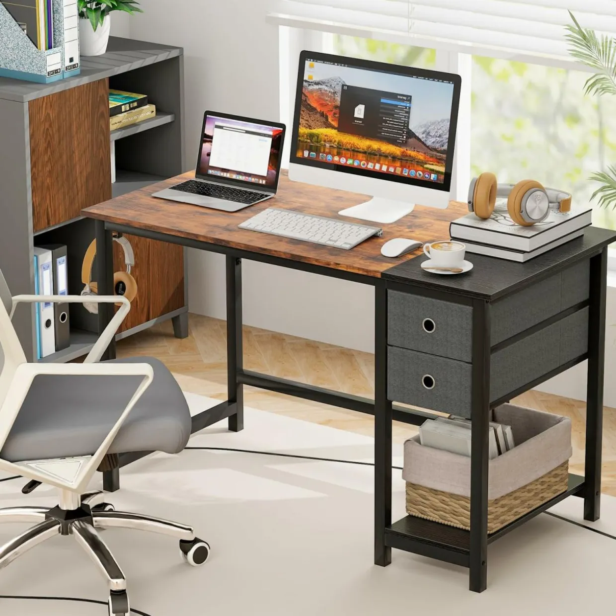 Tangkula Computer Desk with 2 Drawers, Modern Home Office Desk with Hanging Hook & Storage Shelf