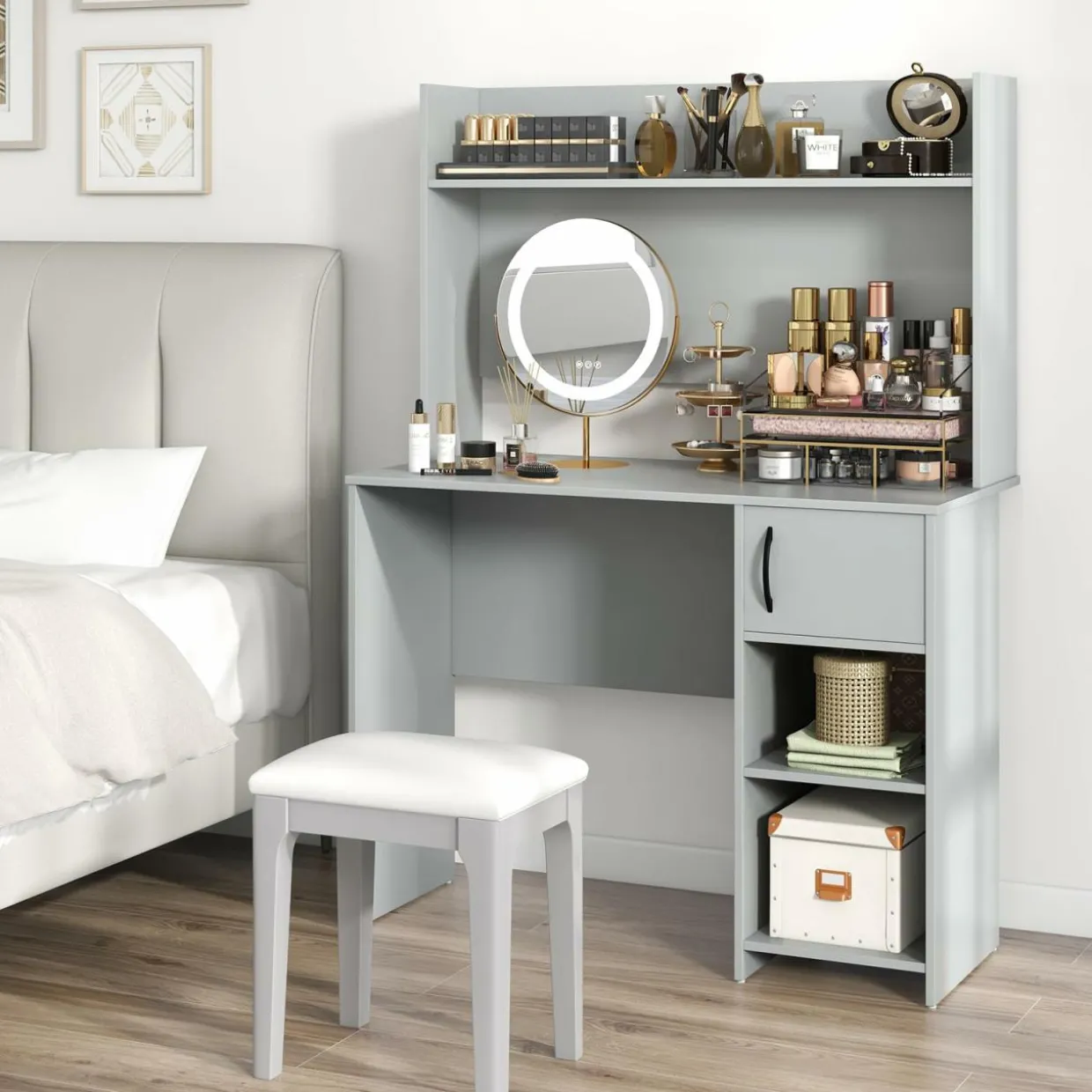 Tangkula Computer Desk with Hutch, Home Office Desk with Raised Display Shelf & 2 Open Shelves (Gray)