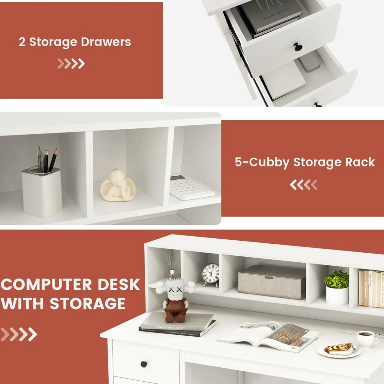 Tangkula Computer Desk with Drawers & Hutch, Modern Home Office Desk Writing Study Desk with Charging Station
