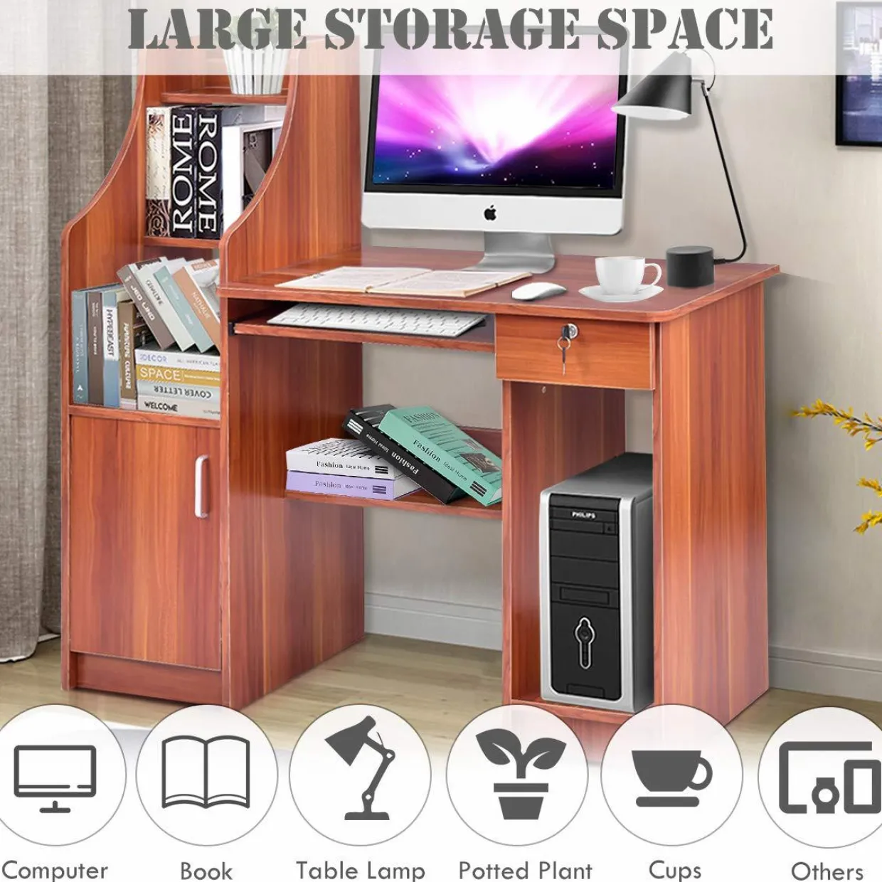 Tangkula Computer Desk with Storage Cabinet & Drawer, Wood Frame Home Office Desk with Pull-Out Keyboard Tray