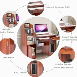 Tangkula Computer Desk with Storage Cabinet & Drawer, Wood Frame Home Office Desk with Pull-Out Keyboard Tray