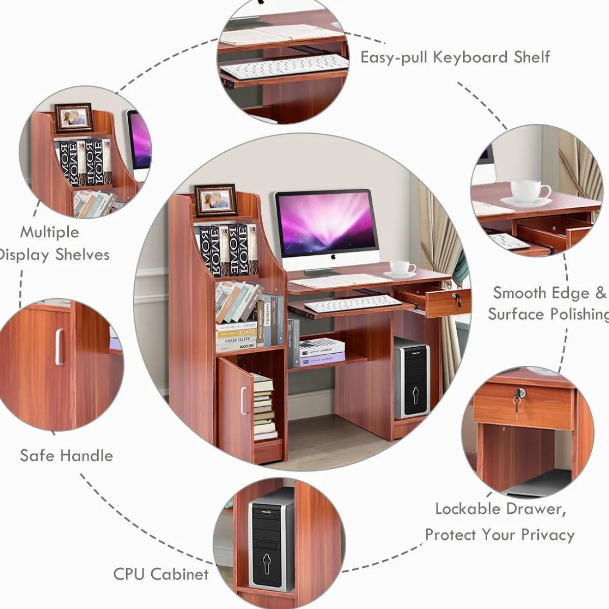 Tangkula Computer Desk with Storage Cabinet & Drawer, Wood Frame Home Office Desk with Pull-Out Keyboard Tray