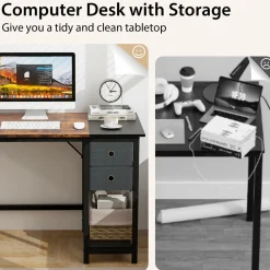 Tangkula Computer Desk with 2 Drawers, Modern Home Office Desk with Hanging Hook & Storage Shelf
