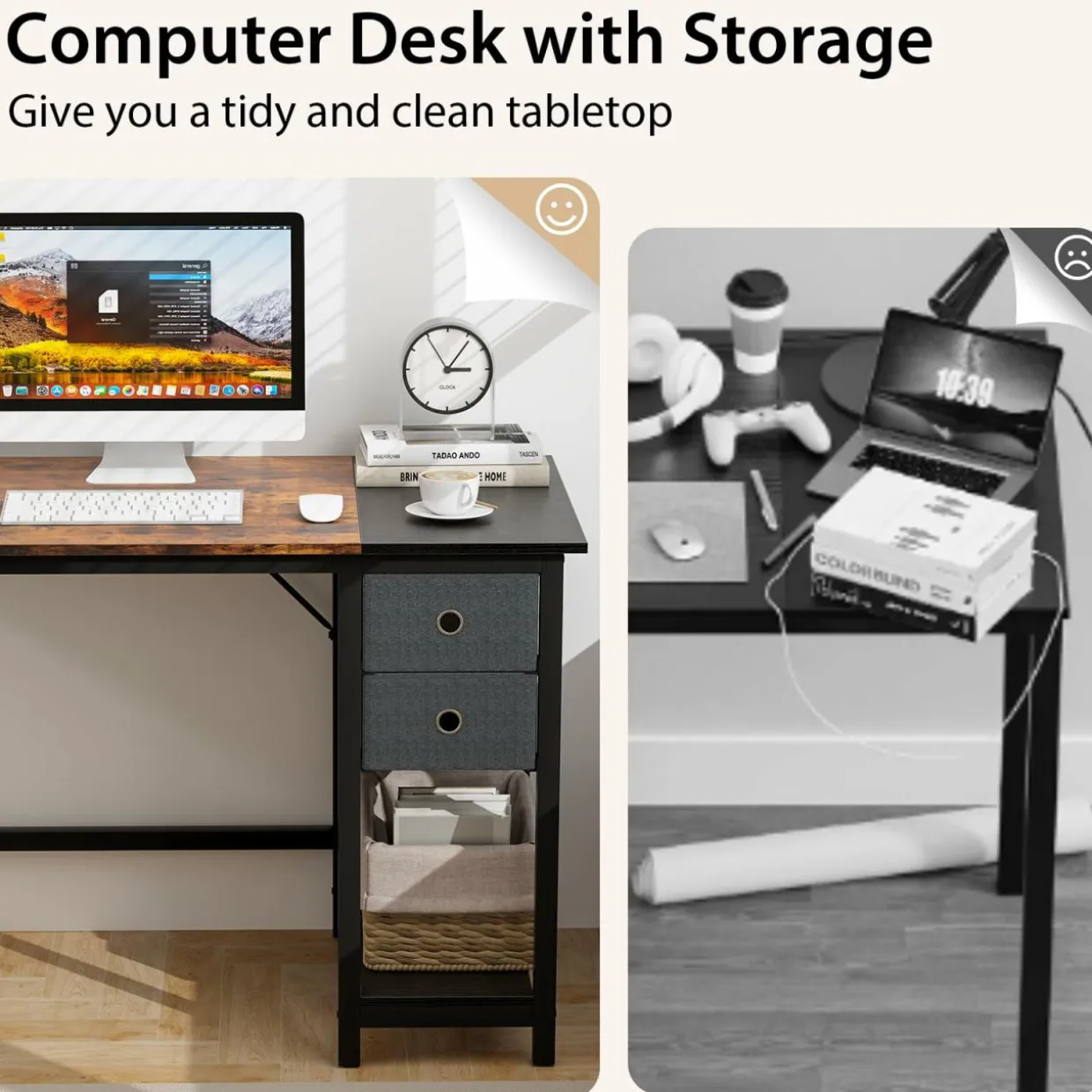 Tangkula Computer Desk with 2 Drawers, Modern Home Office Desk with Hanging Hook & Storage Shelf