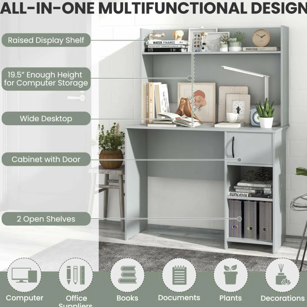 Tangkula Computer Desk with Hutch, Home Office Desk with Raised Display Shelf & 2 Open Shelves (Gray)