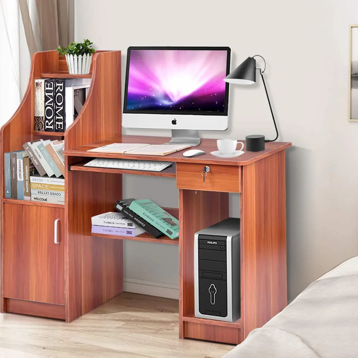 Tangkula Computer Desk with Storage Cabinet & Drawer, Wood Frame Home Office Desk with Pull-Out Keyboard Tray