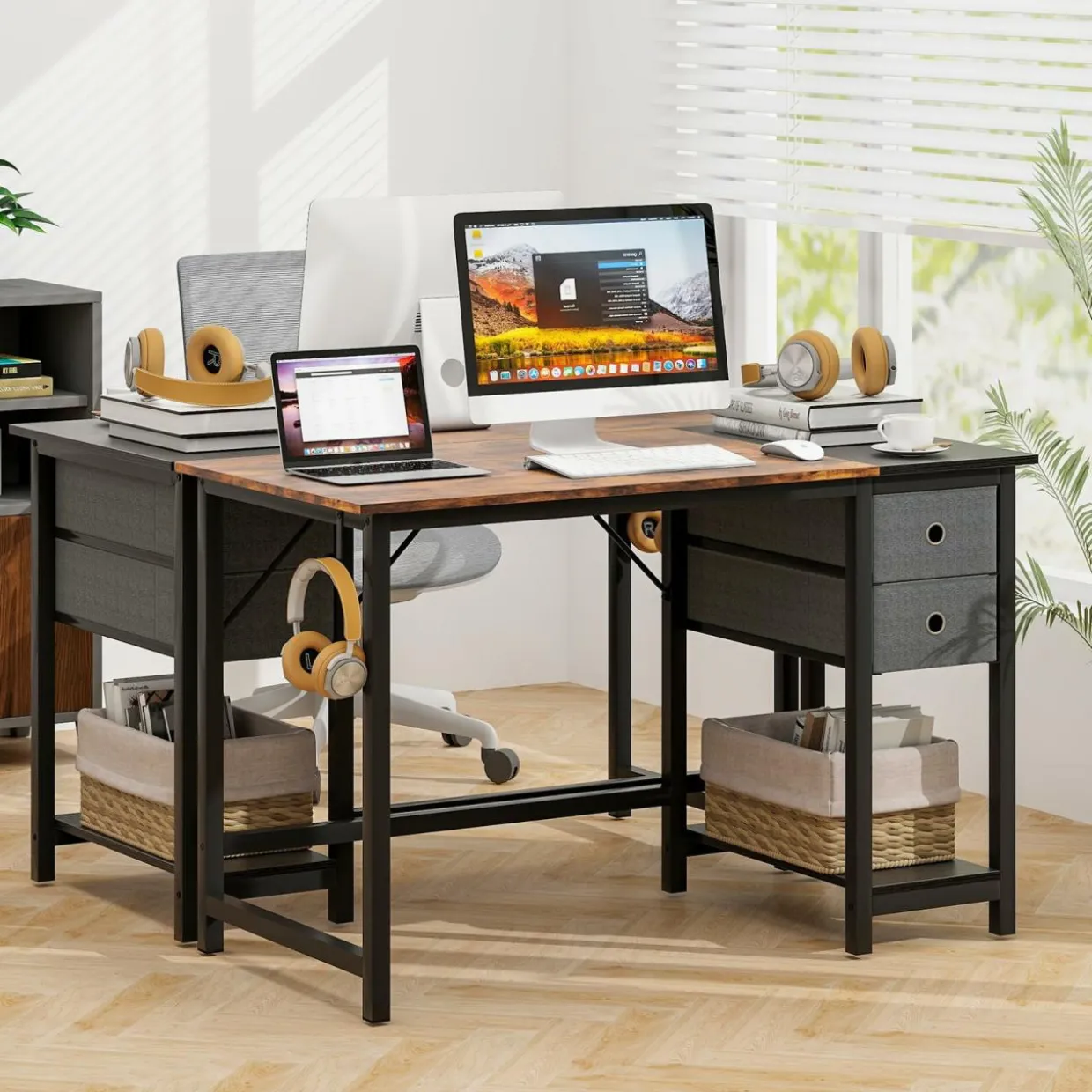 Tangkula Computer Desk with 2 Drawers, Modern Home Office Desk with Hanging Hook & Storage Shelf