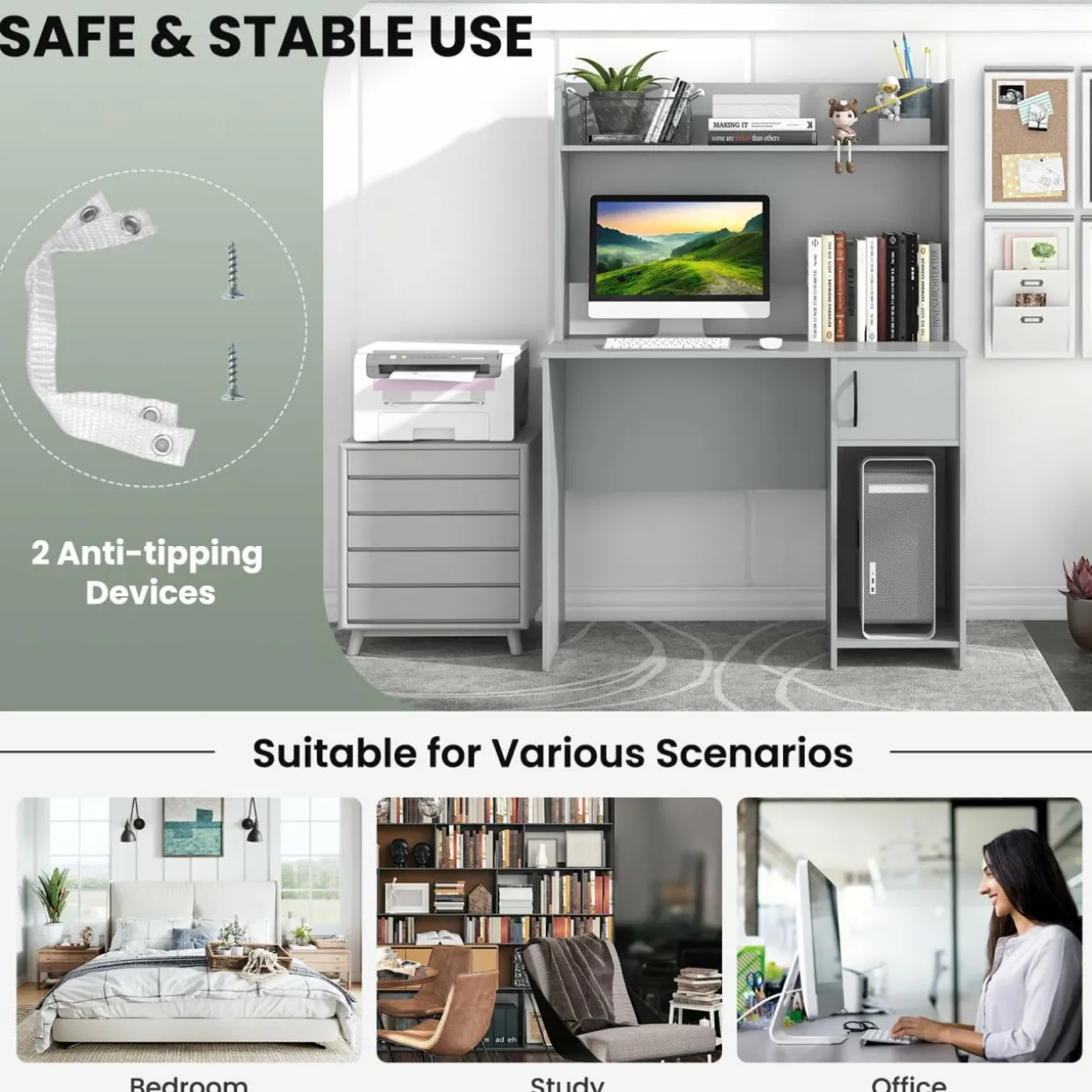 Tangkula Computer Desk with Hutch, Home Office Desk with Raised Display Shelf & 2 Open Shelves (Gray)