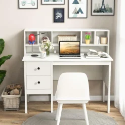 Tangkula Computer Desk with Drawers & Hutch, Modern Home Office Desk Writing Study Desk with Charging Station
