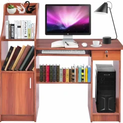 Tangkula Computer Desk with Storage Cabinet & Drawer, Wood Frame Home Office Desk with Pull-Out Keyboard Tray