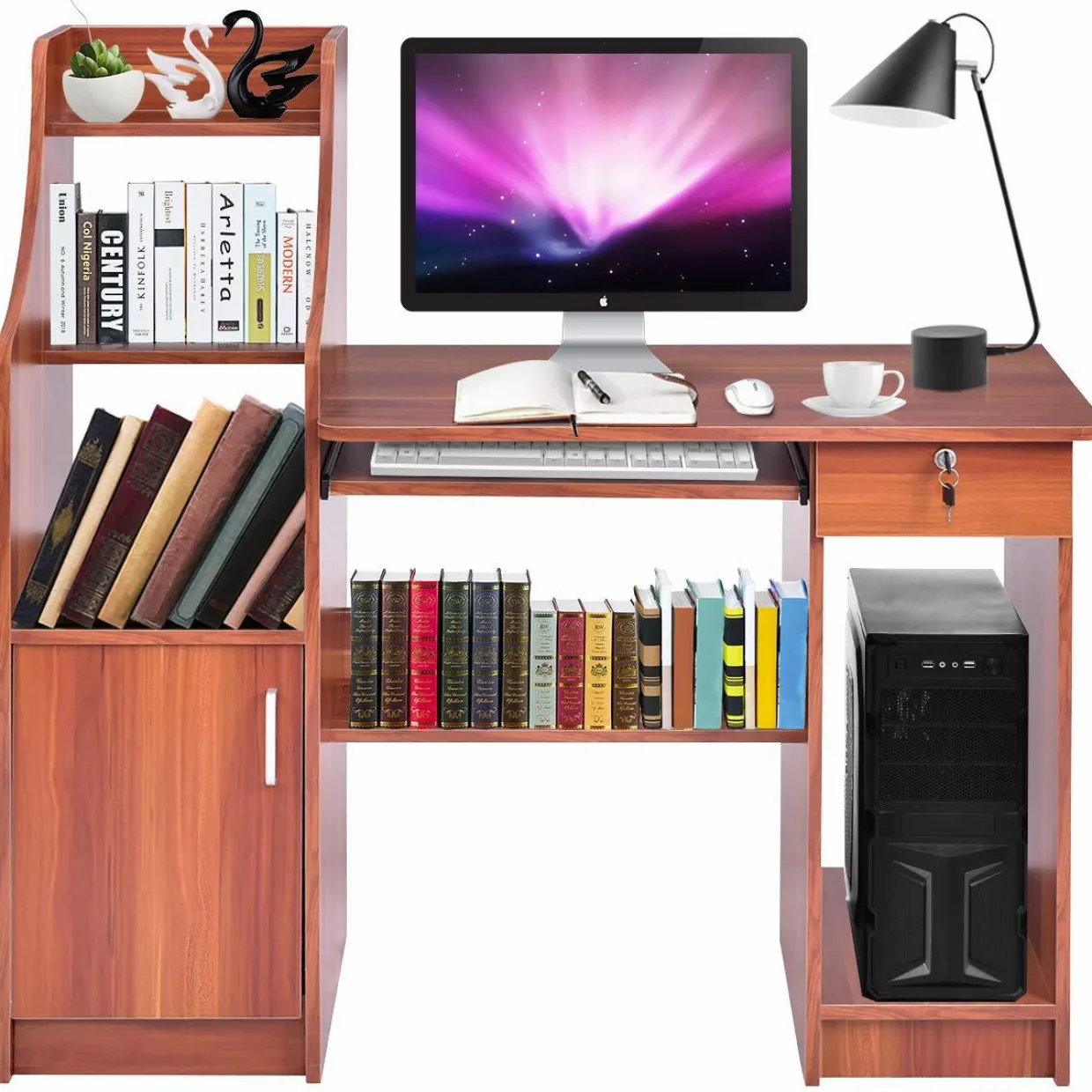 Tangkula Computer Desk with Storage Cabinet & Drawer, Wood Frame Home Office Desk with Pull-Out Keyboard Tray