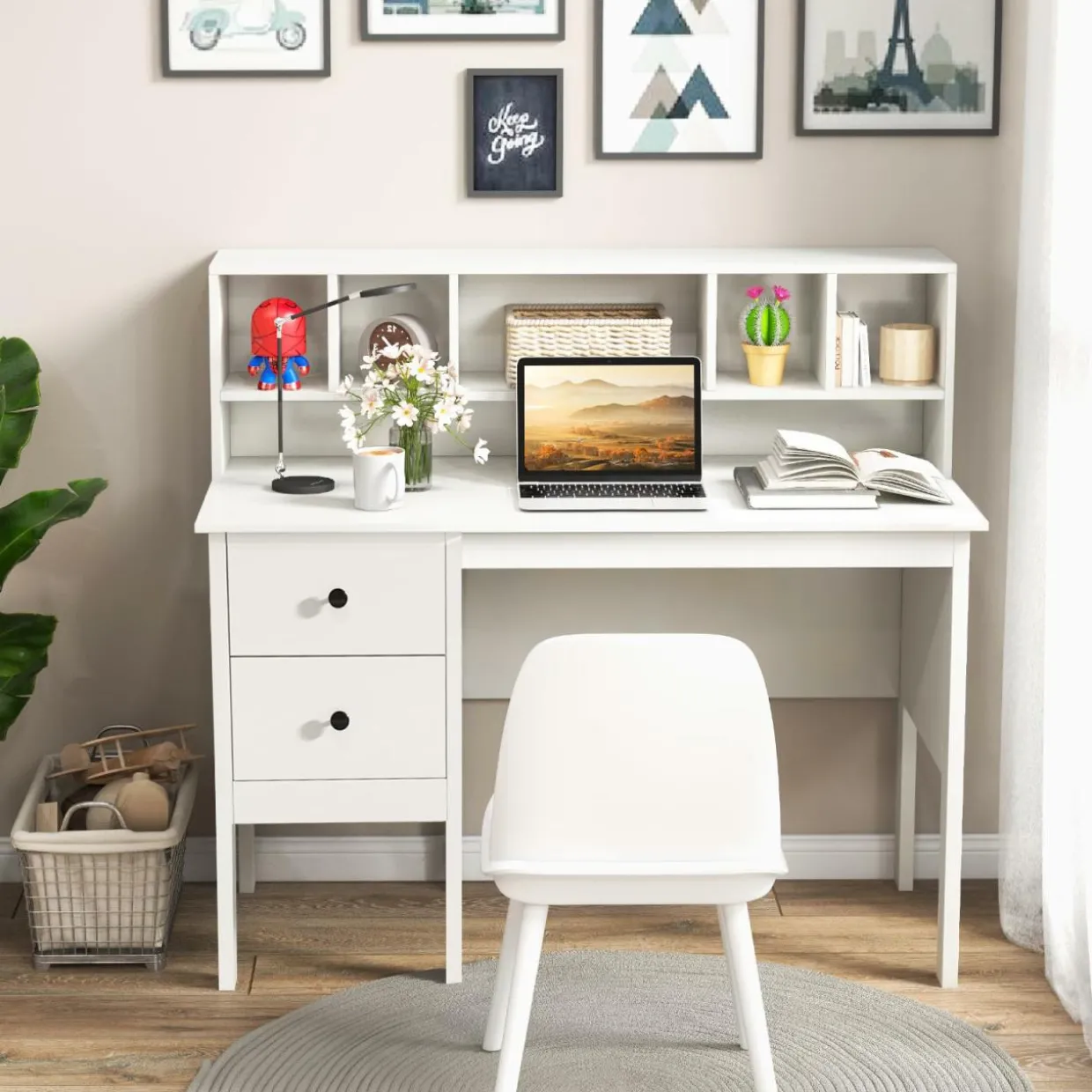 Tangkula Computer Desk with Drawers & Hutch, Modern Home Office Desk Writing Study Desk with Charging Station