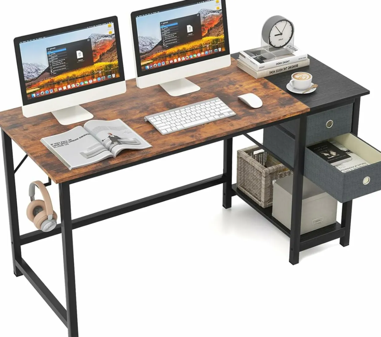 Tangkula Computer Desk with 2 Drawers, Modern Home Office Desk with Hanging Hook & Storage Shelf
