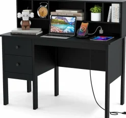 Tangkula Computer Desk with Drawers & Hutch, Modern Home Office Desk Writing Study Desk with Charging Station