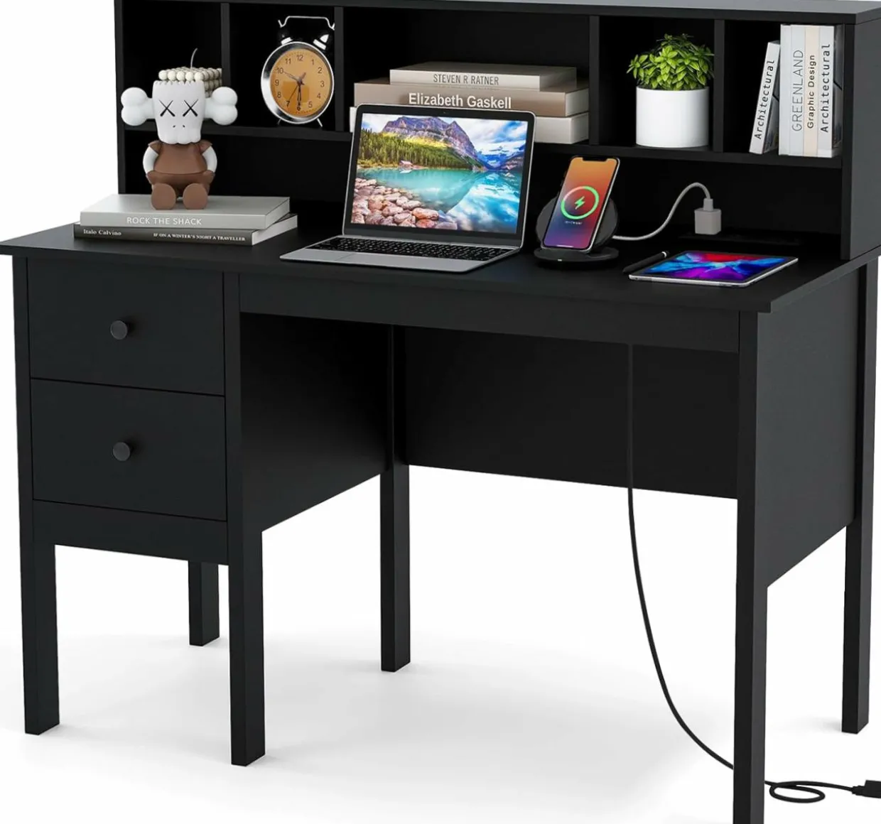 Tangkula Computer Desk with Drawers & Hutch, Modern Home Office Desk Writing Study Desk with Charging Station