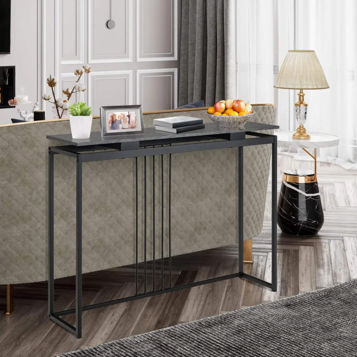 Tangkula 48"Console Table, Slim Sofa Table with Anti-Toppling Kit, Faux Marble Entryway Table