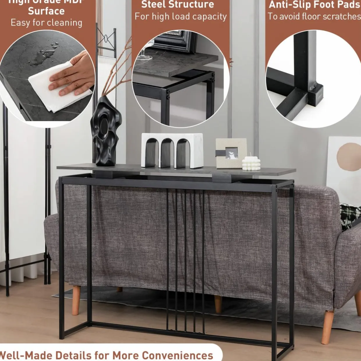 Tangkula 48"Console Table, Slim Sofa Table with Anti-Toppling Kit, Faux Marble Entryway Table