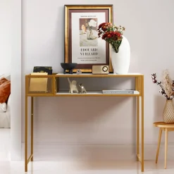 Tangkula Console Table, 2-Tier Faux Marble Sofa Table with Open Storage Shelf, Gold Steel Frame, Modern Entryway Table