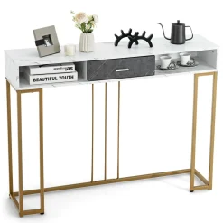 Tangkula Console Table with Drawer, 48" 2-Tier Faux Marble Sofa Table with Golden Steel Frame
