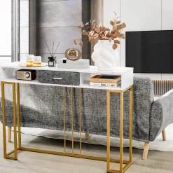 Tangkula Console Table with Drawer, 48" 2-Tier Faux Marble Sofa Table with Golden Steel Frame