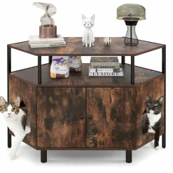 Tangkula Corner Cat Litter Box Enclosure, Decorative Pet Cabinet Furniture with Open Shelf, 2 Entrances