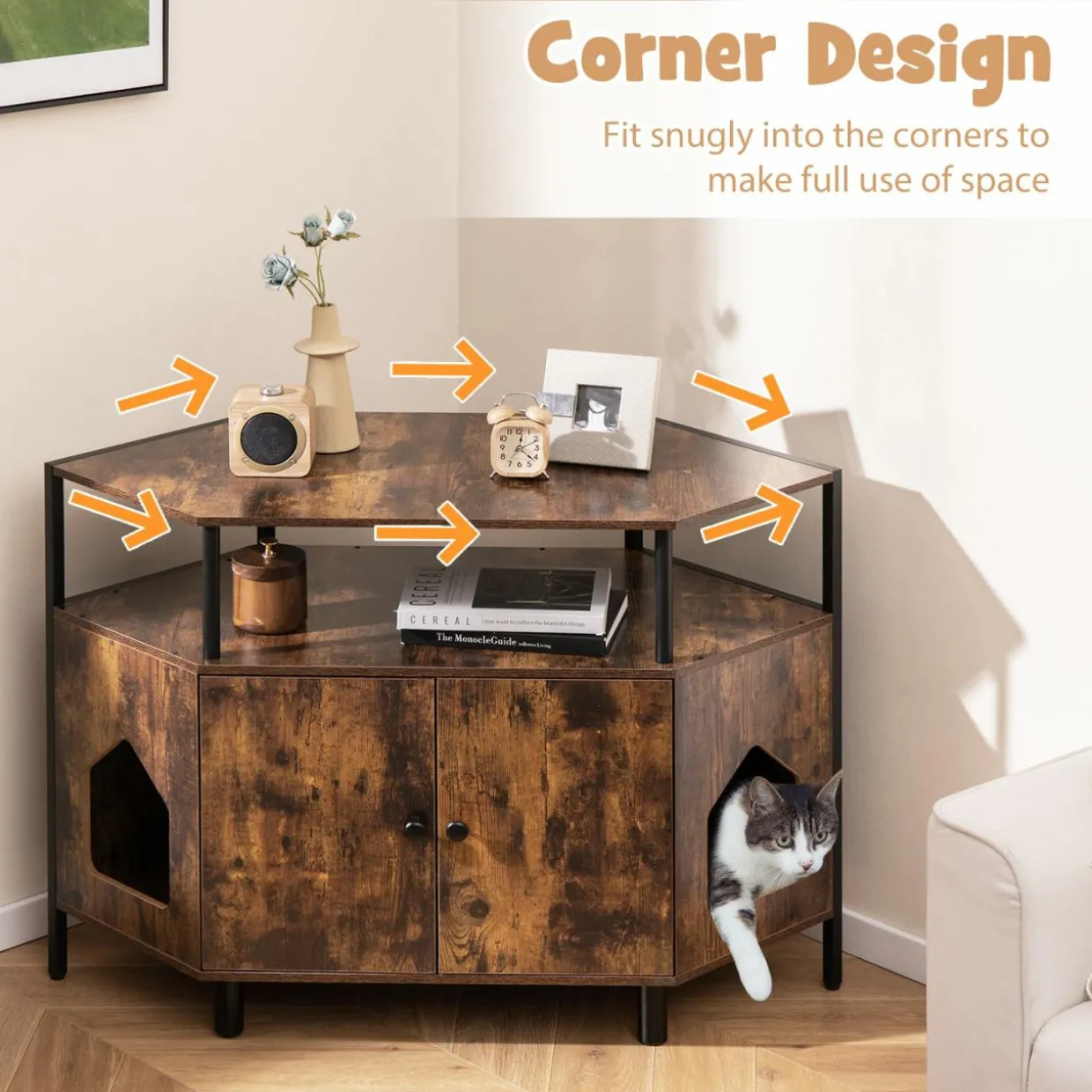 Tangkula Corner Cat Litter Box Enclosure, Decorative Pet Cabinet Furniture with Open Shelf, 2 Entrances
