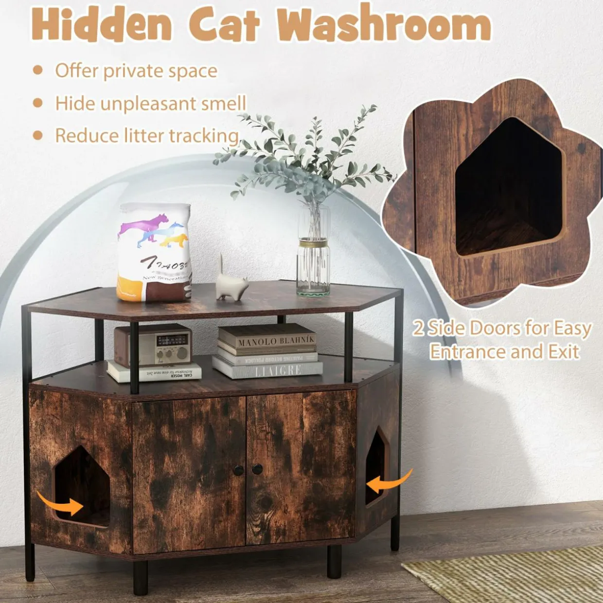 Tangkula Corner Cat Litter Box Enclosure, Decorative Pet Cabinet Furniture with Open Shelf, 2 Entrances