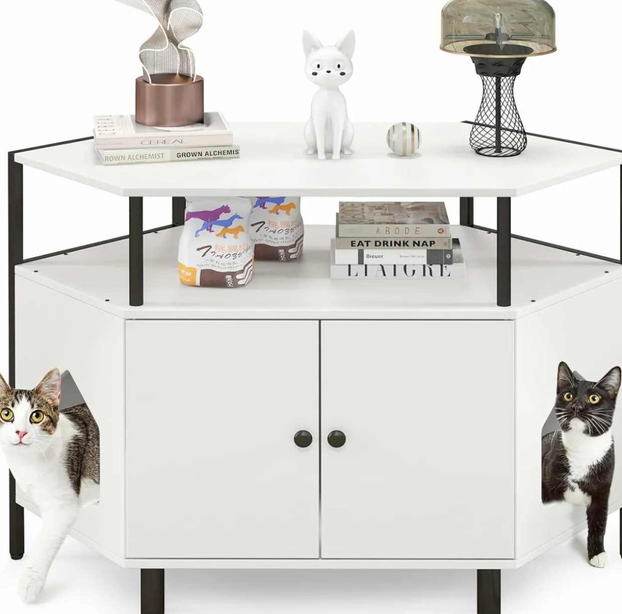 Tangkula Corner Cat Litter Box Enclosure, Decorative Pet Cabinet Furniture with Open Shelf, 2 Entrances