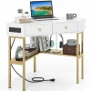 Tangkula Corner Desk with 2 Drawers & Built-in Charging Station, 90 Degrees Triangle Corner Computer Desk
