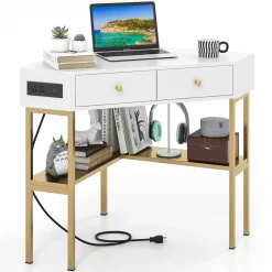Tangkula Corner Desk with 2 Drawers & Built-in Charging Station, 90 Degrees Triangle Corner Computer Desk