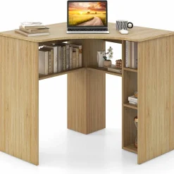 Tangkula Corner Desk with Storage Shelves, Space-Saving Triangle Study Writing Desk with Adjustable Shelves